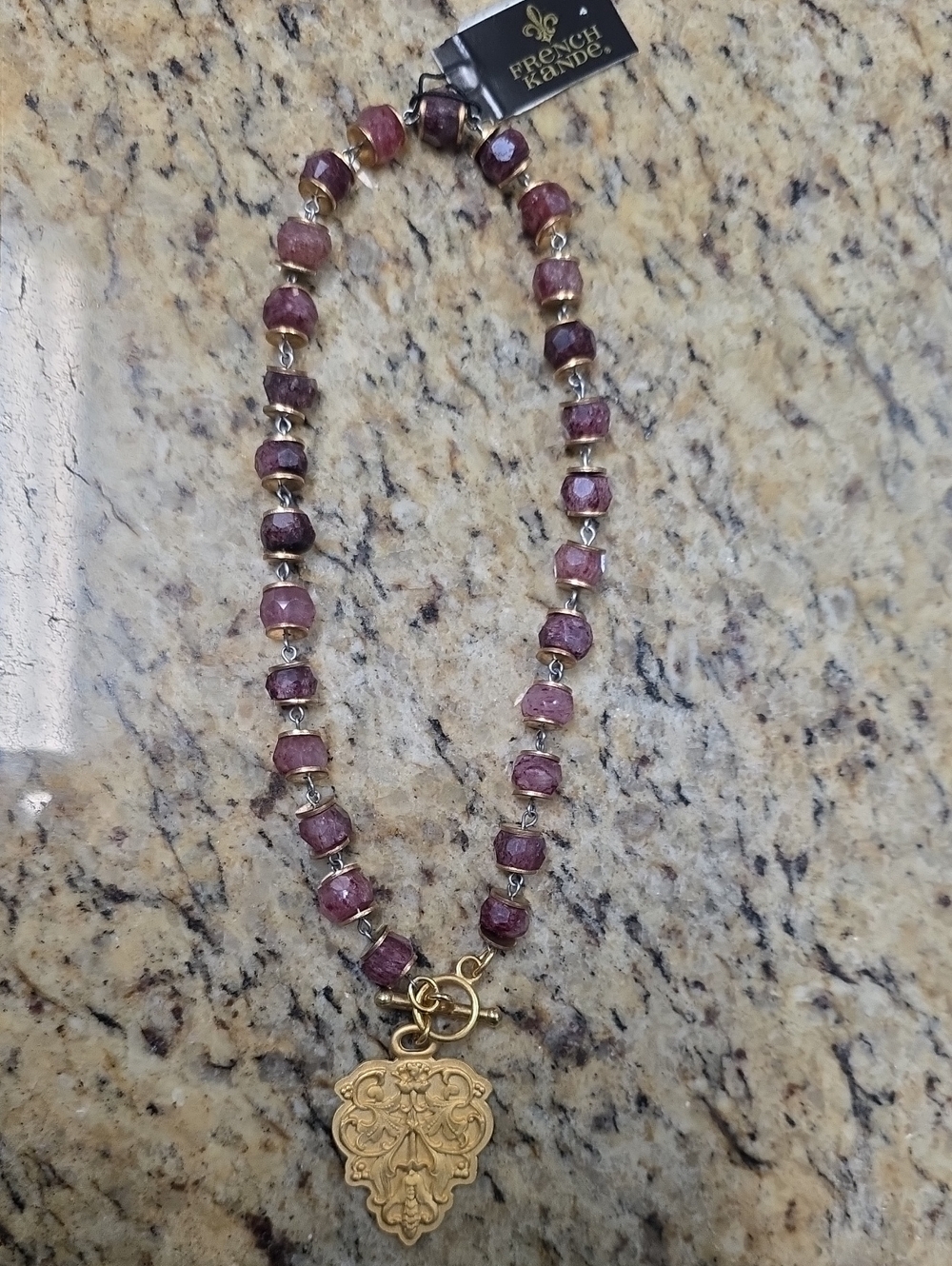 French Kande Beaded Necklace with Gold Medallion